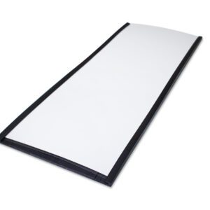 A sleek, rectangular, thin film solar panel with a white surface and black edges sits at a slight angle on a white background, echoing the structured elegance of an MH-USA Magnetic Label Holder - H.3.15 in. x W.7.87 in. - Pack of 50.