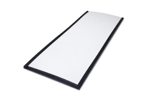 A sleek, rectangular, thin film solar panel with a white surface and black edges sits at a slight angle on a white background, echoing the structured elegance of an MH-USA Magnetic Label Holder - H.3.15 in. x W.7.87 in. - Pack of 50.