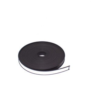 A coiled black magnetic strip, similar to the MH-USA Magnetic Label Holder - Roll - H.0.79 in. x W3.94 in., rests on a white background, wound circularly with one end slightly extended outward, showcasing both utility and form.
