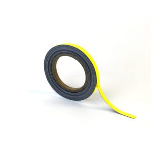 A roll of MH-USA Magnetic Easy-Wipe Strip - Yellow, featuring a black interior and bright yellow exterior, sits partially unrolled against a white background.