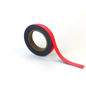 A roll of MH-USA Magnetic Easy-Wipe Strip in red, dimensions 0.79 inches by 3.94 inches, with a black underside, is partially unspooled and curls upwards against a plain white background. The center is made from brown cardboard.