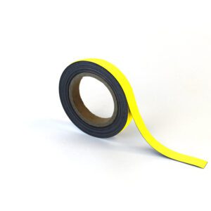 On a white surface, an MH-USA Magnetic Easy-Wipe Strip in yellow (H.0.79 in. x W3.94 in.) stands upright, with a portion unrolled and curling slightly at the end.