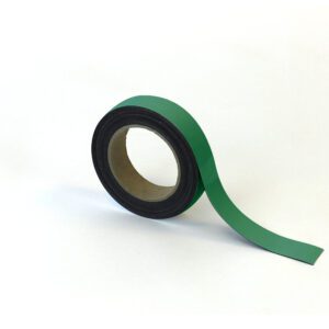 The MH-USA Magnetic Easy-Wipe Strip - Green - H.1.18 in. x W3.94 in., a roll of green adhesive tape, is partially unrolled on a plain white background, displaying its circular inner core.
