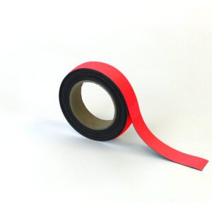 A roll of MH-USA Magnetic Easy-Wipe Strip - Red - H.1.18 in. x W3.94 in. adhesive tape is partially unrolled on a white background, with its end extending right, showcasing the black inner rim.