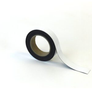 A roll of MH-USA Magnetic Easy-Wipe Strip - White - H.1.18 in. x W3.94 in., with its white adhesive strip partially unrolled and the inner cardboard core visible, set against a plain white background.