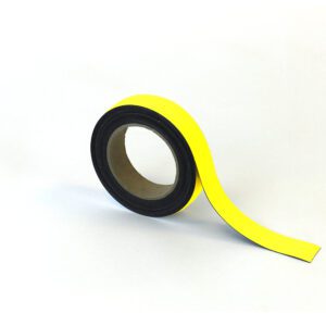 A roll of MH-USA Magnetic Easy-Wipe Strip - Yellow (H.1.18 in. x W3.94 in.), partially unrolled, is angled on a plain white background with its vivid yellow and black border visible.
