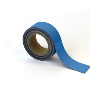 A roll of MH-USA Magnetic Easy-Wipe Strip in blue, featuring a shiny surface, is partially unwound against a white background. The brown cardboard core contrasts this versatile product measuring H.1.97 in. x W3.94 in.