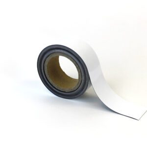 A roll of MH-USA Magnetic Easy-Wipe Strip in white, partially unrolled, sits against a plain background. The cylindrical shape is defined by its inner cardboard core with dimensions H.1.97 in. x W3.94 in., highlighting its versatile utility.