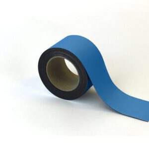 A blue MH-USA Magnetic Easy-Wipe Strip unspools slightly on a white background. Neatly rolled with a visible cardboard core, it features a matte finish, ideal for versatile applications. Size: H2.76 x W3.94.