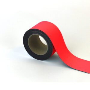 A roll of MH-USA Magnetic Easy-Wipe Strip in red with a black interior partially unrolls on a white surface, showcasing its smooth, glossy finish with an upwardly curved loose end.