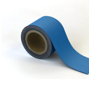 A roll resembling the MH-USA Magnetic Easy-Wipe Strip in blue is partially unrolled on a white surface, revealing the inner cardboard core with its strip extending outward seamlessly.
