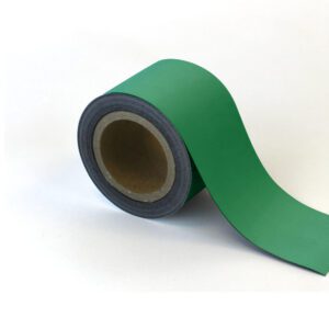 A partially unspooled MH-USA Magnetic Easy-Wipe Strip in green rests on a white background, revealing its cardboard core, with dimensions H.3.54 in x W3.94 in.