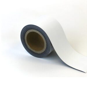 A roll of white adhesive tape, similar to the MH-USA Magnetic Easy-Wipe Strip (H.3.54 in. x W3.94 in.), rests partially unrolled on a plain white background, with its cardboard core and aligned edges maintaining a neat appearance.
