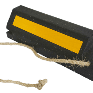 The TCT Military Wheel Chock - Double Sided Black w/ Rope Handle (20x9x5.5) is crafted from durable black rubber, includes a yellow reflective stripe and attached rope, and is perfect for securely anchoring vehicles.