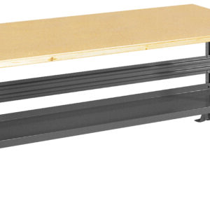 A sturdy workbench with a wooden top and metal legs. It features a black metal shelf beneath the tabletop for additional storage. The design is simple and industrial, suitable for workshops or garages.