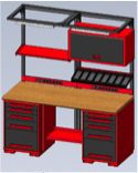 A 3D-rendered image of a red and black workbench, featuring a wooden tabletop and heat-resistant equipment enclosure. It includes multiple drawers, vertical compartments, an overhead shelf, and a mounted cabinet for added storage space.