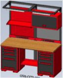 Illustration of a red and black workshop tool cabinet with a wooden worktop. It has multiple drawers, overhead shelves, and a storage compartment with a door. The background is a light gray.
