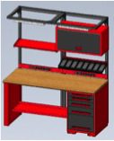 Illustration of a workbench with a wooden tabletop, red shelves, a gray cabinet, and multiple drawers on the right side.
