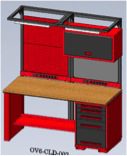 This 3D rendering showcases a red and black tool workstation with a wooden countertop. It includes heat-resistant equipment enclosures, multiple drawers on the right side, and overhead storage cabinets with open slots above.