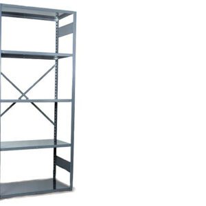 A tall, empty metal shelving unit with five shelves and cross-braced supports, designed for medical record file shelving, is placed against a plain white background.