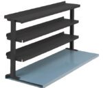 A black three-tier metal shelf rack with a blue base. The simple industrial design is shown against a white background.