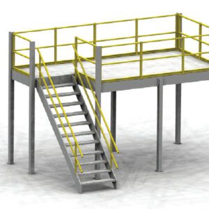 A metal industrial platform with a yellow safety railing, supported by four legs. It features a staircase on the left side, also with yellow railings, leading up to the elevated platform surface.