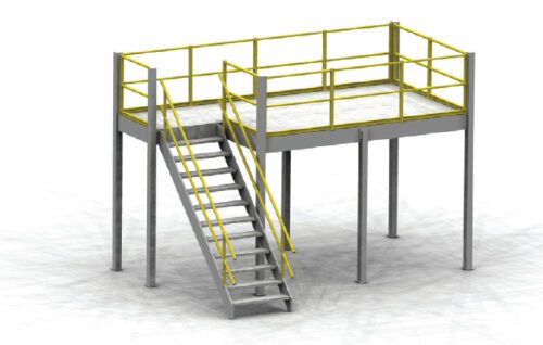Platform.jpg A metal industrial platform with a yellow safety railing, supported by four legs. It features a staircase on the left side, also with yellow railings, leading up to the elevated platform surface.