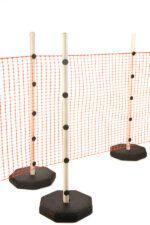 Three white poles, each supported by a robust 30 lbs. black circular base from TCT Quick Fence System - Five 30 Lbs. Bases, are linked by an orange plastic net, set against a plain white background.