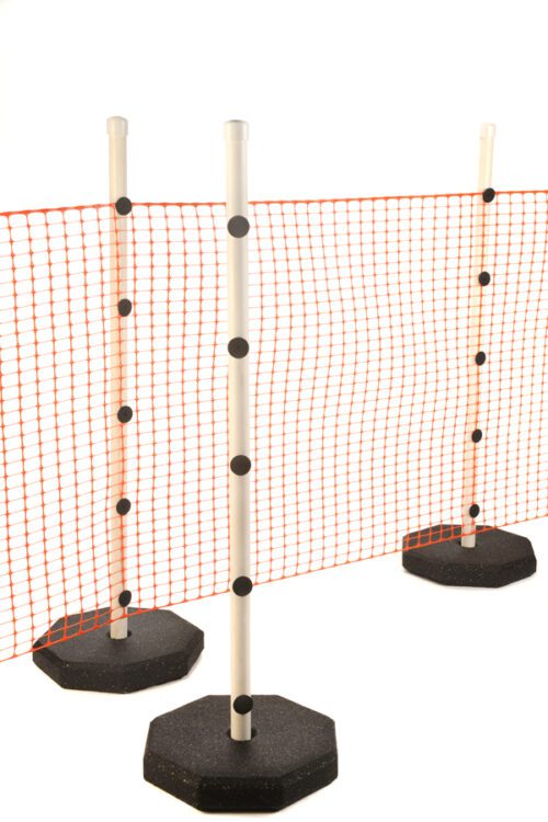 Three white poles, each supported by a robust 30 lbs. black circular base from TCT Quick Fence System - Five 30 Lbs. Bases, are linked by an orange plastic net, set against a plain white background.