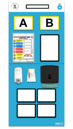 A Maximum Beam/Shelf Loads sign is on a blue MH-USA Double Marker Rack End Board 1, featuring labeled sections A and B, a hand sanitizer dispenser with wipes, a black cloth dispenser, and four empty white squares for added sanitizing convenience.