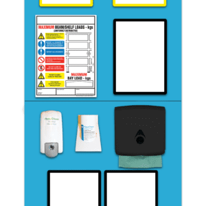 A Maximum Beam/Shelf Loads sign is on a blue MH-USA Double Marker Rack End Board 1, featuring labeled sections A and B, a hand sanitizer dispenser with wipes, a black cloth dispenser, and four empty white squares for added sanitizing convenience.