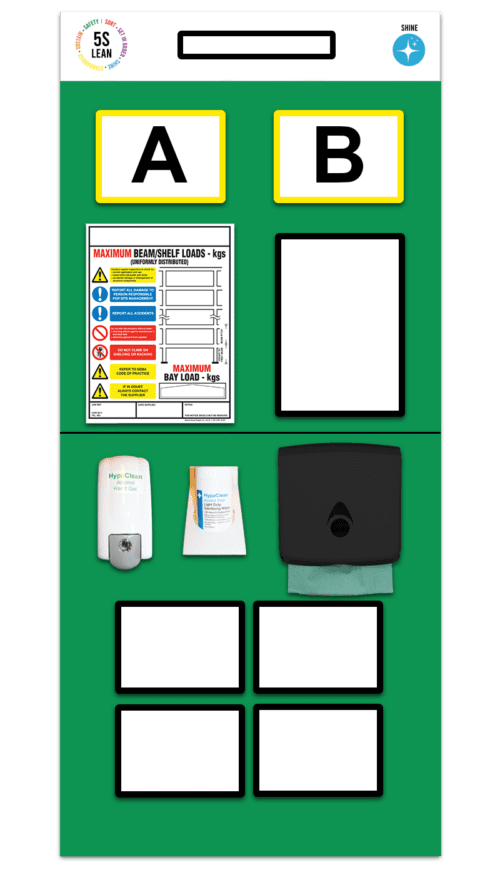 The MH-USA Double Marker Rack End Board 1, Sanitizing - Green, features A and B sections with a maximum load chart, hand sanitizer dispenser, microfiber cloth packet, black box, and four blank white rectangles. The top left showcases the 5S Lean symbol.