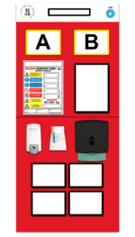 The red MH-USA Double Marker Rack End Board 1 features labels A and B, a safety sign, hand sanitizer, lotion packet, paper towel dispenser, four blank white rectangles, and is crowned by a 5S Lean Shine sticker.