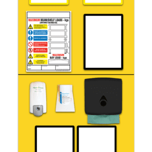 A vibrant yellow cleaning station board labeled A and B with a 5S Lean and Shine logo features the MH-USA Double Marker Rack End Board 1 for streamlined sanitizing, including a sanitizer dispenser, chart, cleaning cloth, packet, and four customizable blank squares.
