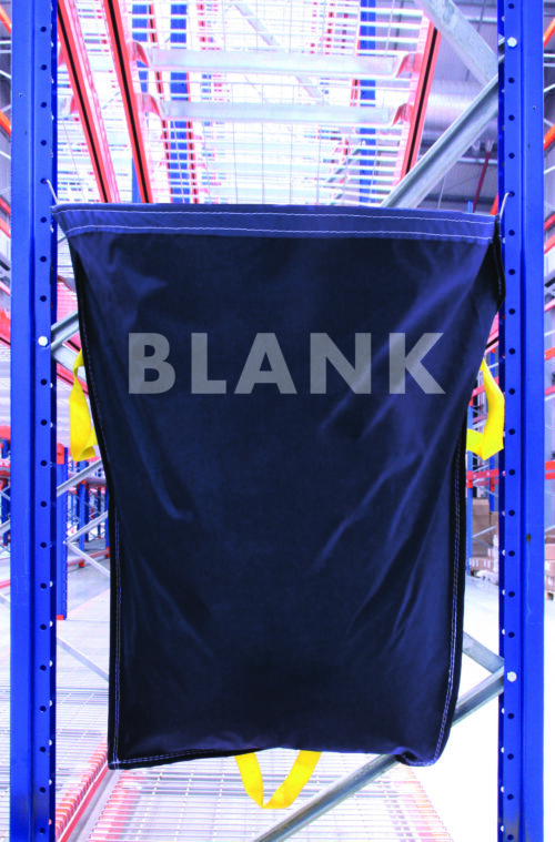 A large MH-USA Racksack - Blank in black with yellow handles hangs on a blue metal rack, surrounded by shelving and industrial structures in a warehouse.