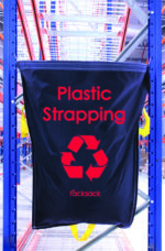 A blue MH-USA Racksack - Plastic Strapping, featuring red text and a recycling symbol, hangs neatly on a metal rack in a warehouse.