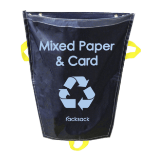 The MH-USA Racksack Mini - Mixed Paper & Card is a blue recycling sack featuring handles, a recycling symbol, and a Mixed Paper & Card label.