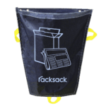 The MH-USA Racksack Mini Symbol Only - Mixed Paper and Card is a blue waste sack with racksack branding, featuring a box and newspaper icon for recycling. It includes yellow handles on the sides and bottom for easy handling.