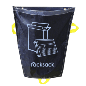 The MH-USA Racksack Mini Symbol Only - Mixed Paper and Card is a blue waste sack with racksack branding, featuring a box and newspaper icon for recycling. It includes yellow handles on the sides and bottom for easy handling.