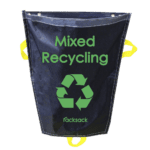 The MH-USA Racksack Mini is a blue recycling bag with Mixed Recycling text, a green recycle symbol, and Racksack at the bottom. It features yellow handles for easy carrying.