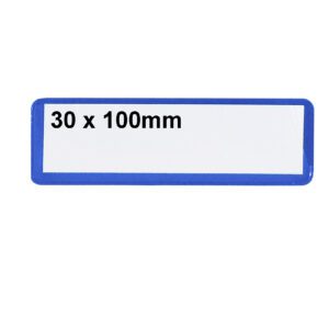A rectangular white label with a blue border features the text H.30mm x W.100mm in black font, centered on a plain white background to highlight its suitability for MH-USA Ticket Pouches - Self-Adhesive - H.1.18 in. x W.3.94 in., Pack of 100, Blue.