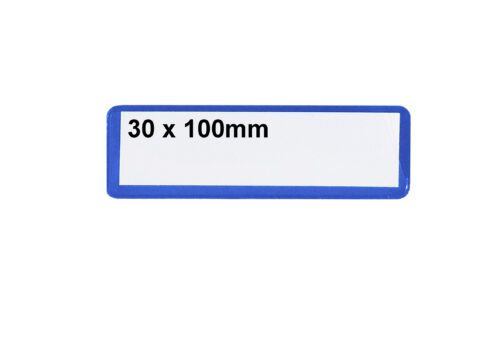 SAP310B.jpg A rectangular white label with a blue border features the text H.30mm x W.100mm in black font, centered on a plain white background to highlight its suitability for MH-USA Ticket Pouches - Self-Adhesive - H.1.18 in. x W.3.94 in., Pack of 100, Blue.