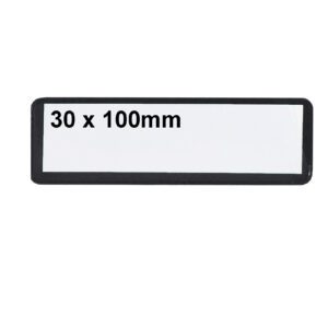 The MH-USA Ticket Pouches labels are self-adhesive, featuring a black border with bold 30 x 100mm text on white. Measuring H.1.18 in. x W.3.94 in., they come in a pack of 100, adding both functionality and style.