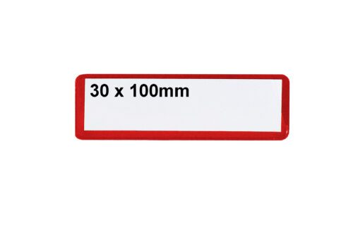 The rectangular MH-USA Ticket Pouch features a red border framing black text 1.18 x 3.94 in. on a white background, sold as self-adhesive packs of 100.