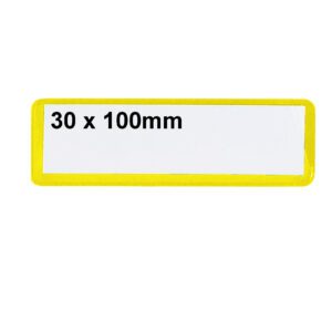 A rectangular label with a yellow border and white center, displaying 30 x 100mm in black text, resembles the MH-USA Ticket Pouches. These self-adhesive pouches measure H.1.18 in. x W.3.94 in., come in a pack of 100, and contrast well against a plain white background.