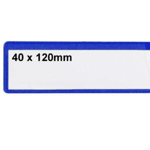 A rectangular white label with a blue border shows 40 x 120mm in black font and fits the MH-USA Ticket Pouches. This self-adhesive pack of 100 labels allows easy application.