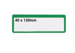 A white rectangular label with a green border features 40 x 120mm in black text, similar to the MH-USA Ticket Pouches, which are self-adhesive and come in packs of 100.