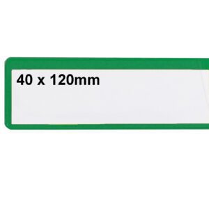 A white rectangular label with a green border features 40 x 120mm in black text, similar to the MH-USA Ticket Pouches, which are self-adhesive and come in packs of 100.