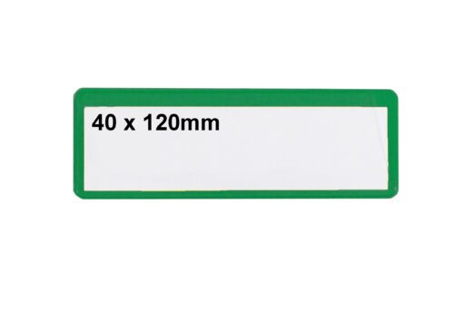 A white rectangular label with a green border features 40 x 120mm in black text, similar to the MH-USA Ticket Pouches, which are self-adhesive and come in packs of 100.