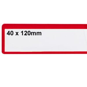 A label with a red border and white center shows H.40mm x W.120mm in bold black text, ideal for MH-USA Ticket Pouches (Self-Adhesive, H1.57in x W4.72in, Pack of 100).